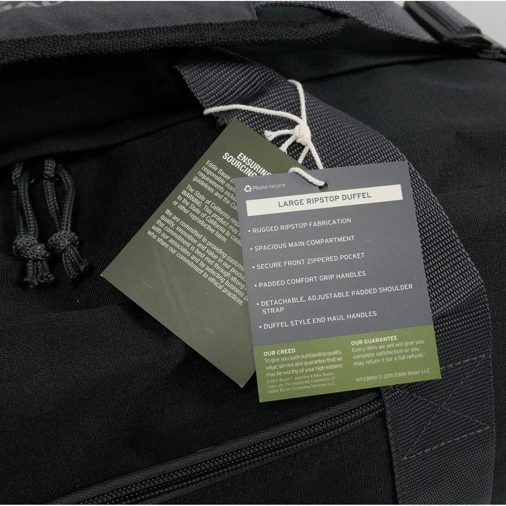 NEW Eddie Bauer Large Ripstop Duffel Bag Black Gray Travel Gym Bag NWT